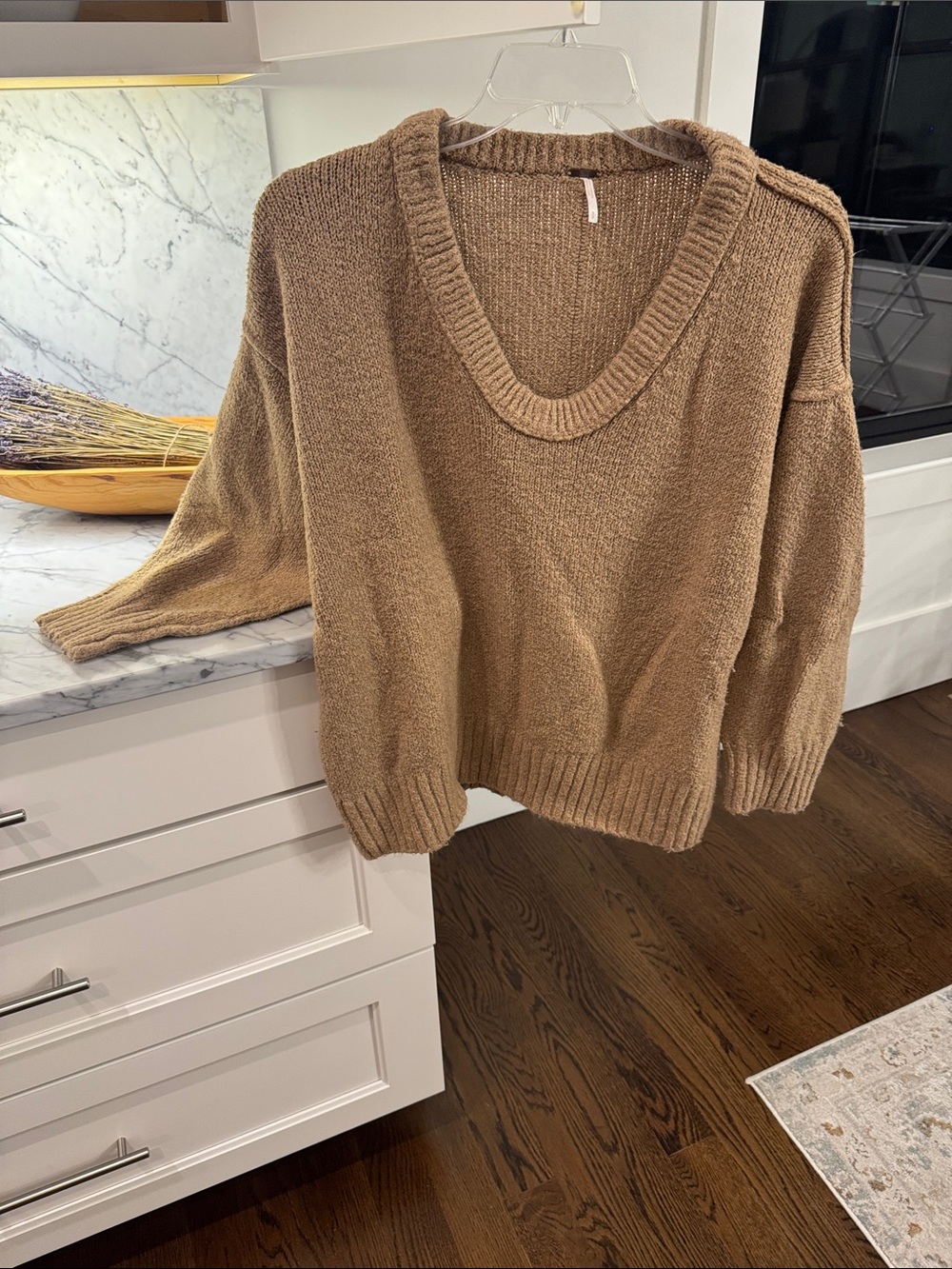 Free People Oversized V-Neck Sweater in Camel Brown